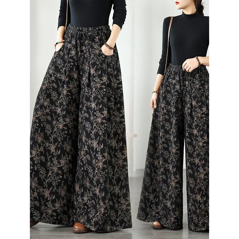 Denim Wide-leg Pants For Women 2025 Autumn New Style Printed Elastic Waist Loose Oversized Casual Denim Straight Pants