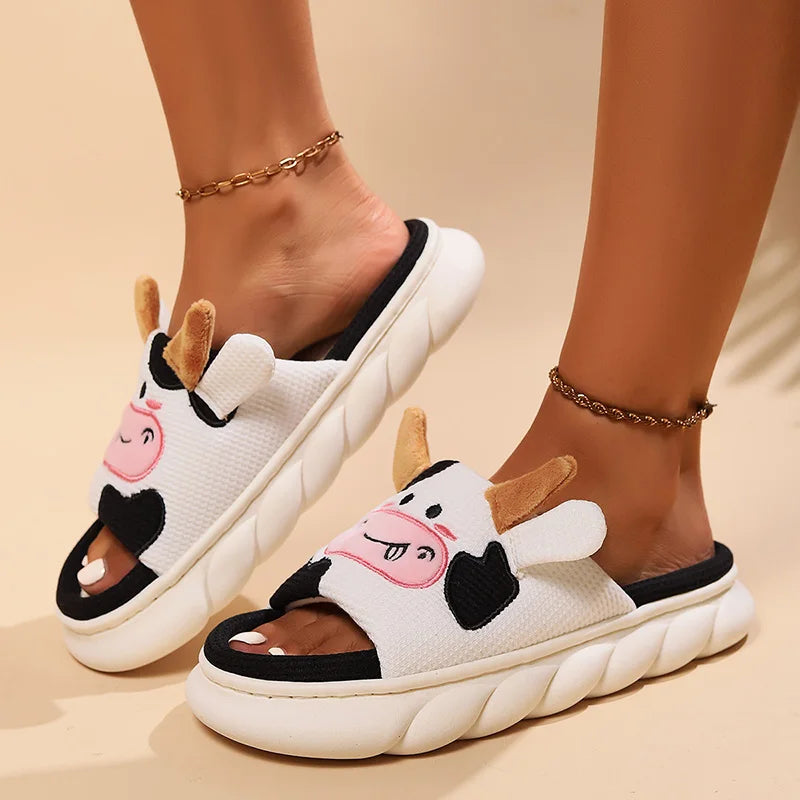 Cartoon Cute Cow House Slippers Women Platform Soft Sole Anti-slip Home Slides Woman Lightweight Warm Plush Indoor Cozy Slippers
