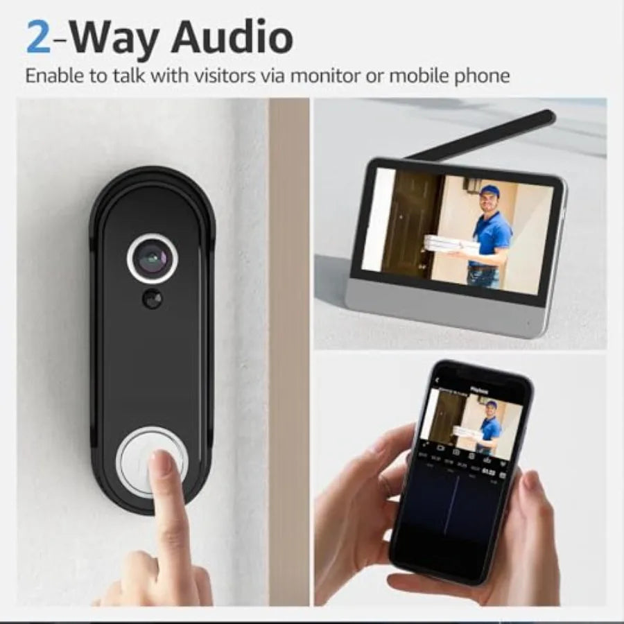 Wireless Smart Video Doorbell System for home security, ABS plastic, black, 7 touchscreen display with 1080P video, motion dete
