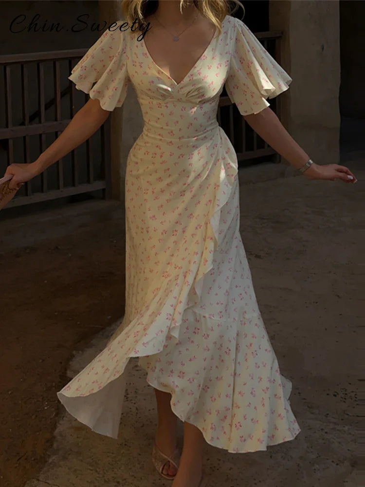 Elegant Women's Printed Lotus Leaf Long Dress Slim High Waist V-neck Short Flared Sleeve Backless Slit Dresses 2026 Summer Robe