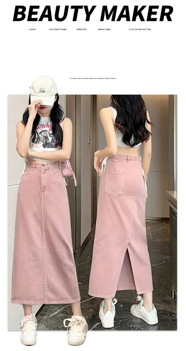 New Summer Women's 100% Cotton Denim Shorts Pink High-waisted Slit Retro Elegant Fashionable Casual Denim Long Skirt Female