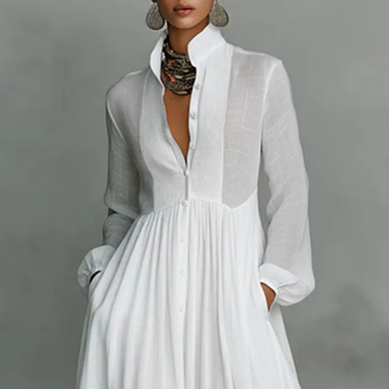 French Elegant High Waist Swing Long Dress Woman Spring Solid Pockets Pleated Maxi Dress Autumn Long Sleeve Button Evening Dress