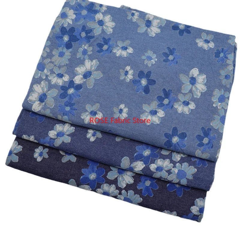 High-quality Delicate floral print denim For coats, shirts, pants, bags, DIY hand sewing, designer fabrics