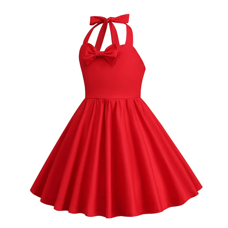Kids Girls Vintage Halterneck Dress Polka Dots Cherry Strawberry Daily Birthday Party 1950s Swing Dress Summer Princess Dress