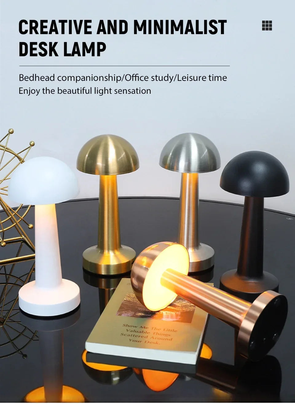Rechargeable Mushroom Table Lamp Cordless LED Night Light Touch Dimmable Bedside Desk Lamp for Bedroom Living Room Home Decor