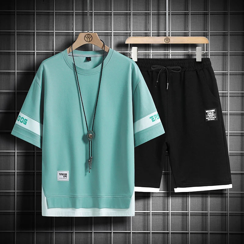 2024 Summer Black White Tracksuits For Men's Set Sleeves T-Shirt + Shorts Sportswear Brand Sporting Suit Oversize 5XL