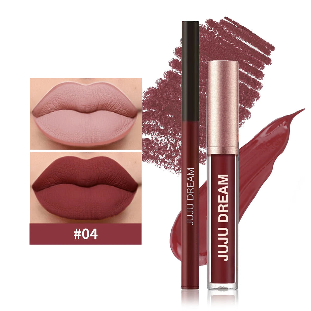 2-Piece Matte Lip Gloss & Lip Liner Set, Long-Lasting Cup-Shaped Formula Glides On Smoothly, Perfect For Everyday Makeup Looks.