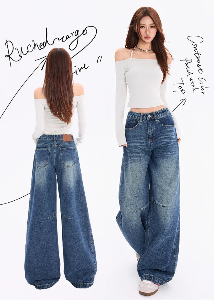 Women's American Vintage Curved Balloon Jeans Loose Curved Leg Denim Trousers