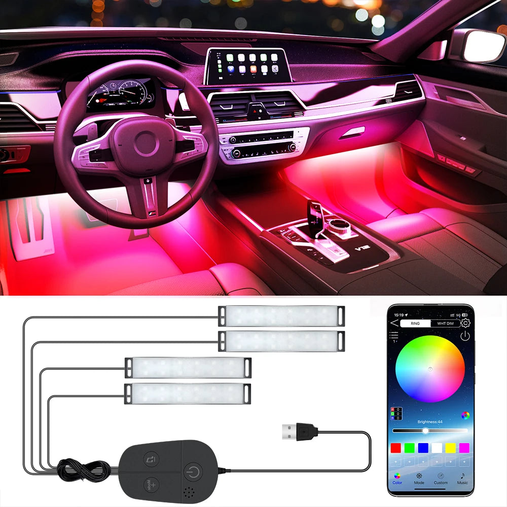 USB Neon Car Interior Decorative Lamps Strips Atmosphere Lights  Remote Music App Control RGB  LED Ambient Lights Party Lamps