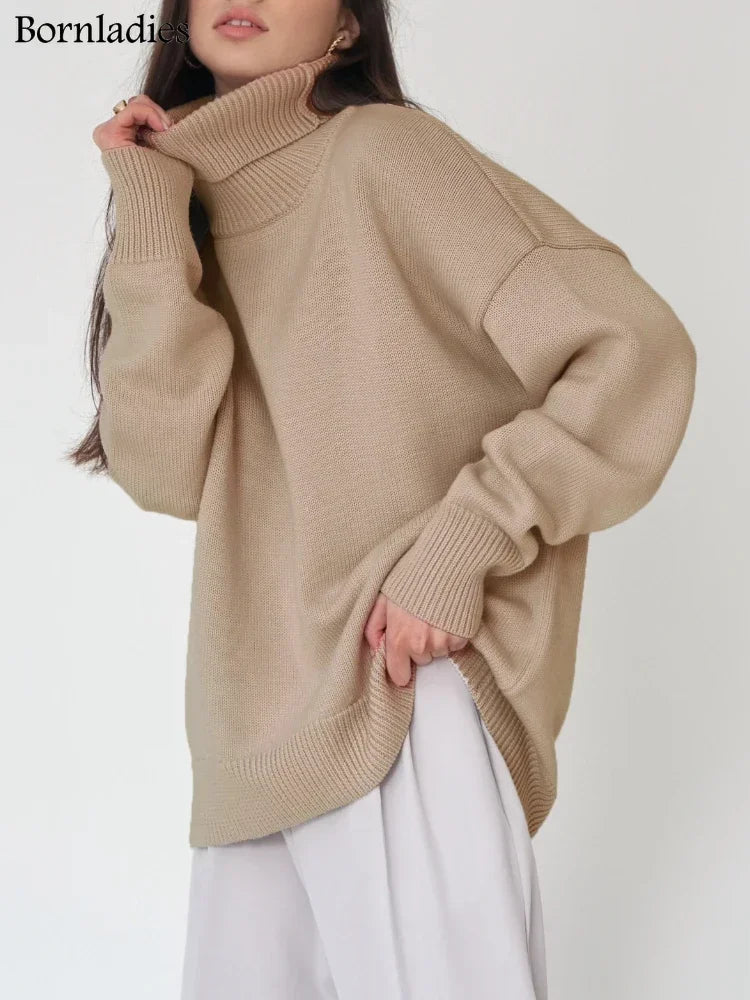 Bornladies Women Turtleneck Sweater CHIC Autumn Winter Thick Warm Pullover Top Oversized Casual Loose Knitted Jumper Female Pull