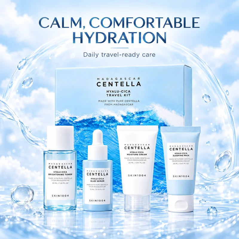 Centella Poremizing & Hyalu-Cica Travel Kit,Toner,Foam,Ampoule Serum,Light Gel Moisture Cream,Night Sleeping Pack 4pcs Gift Sets