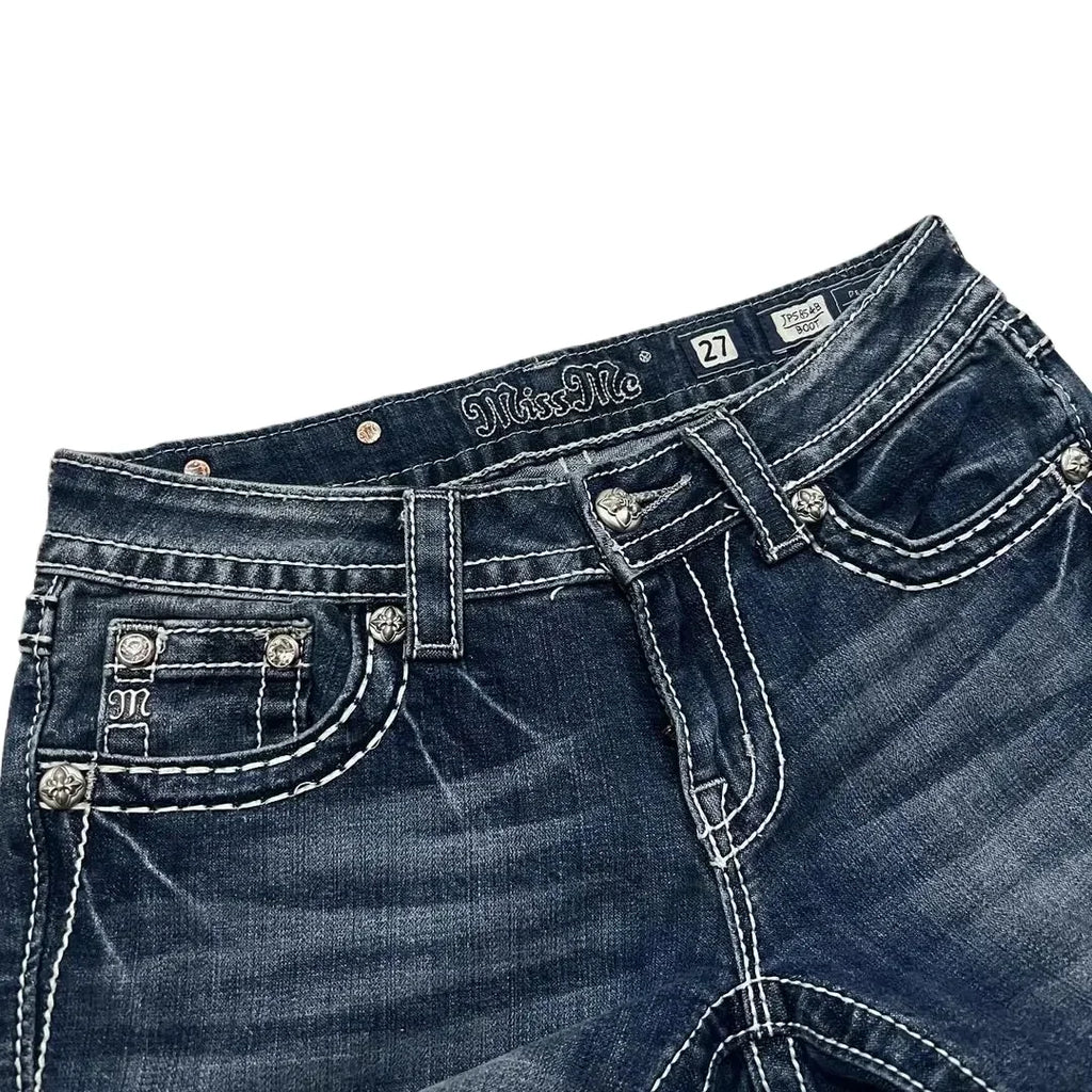 Y2K New Gothic Blue Denim Embroidery Harajuku Wide Pants Revival Mens Jeans Foliage Bootcut Women Pocket Hip Hop Streetwear