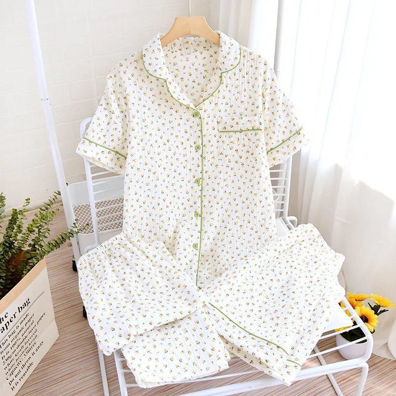 100% Gauze Cotton Summer Women Pajamas 3 Pieces Set  Female 2025 New Sleepwear Bedroom Set Short sleeved long pants + shorts