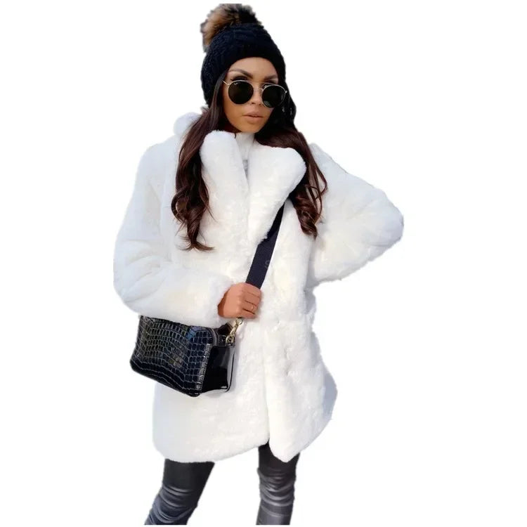 Women Spring Long Faux Fur Coat Jacket Autumn Winter Thick Warm Coats Woven Block Trend Fur White Black Coat Parkas Streetwear