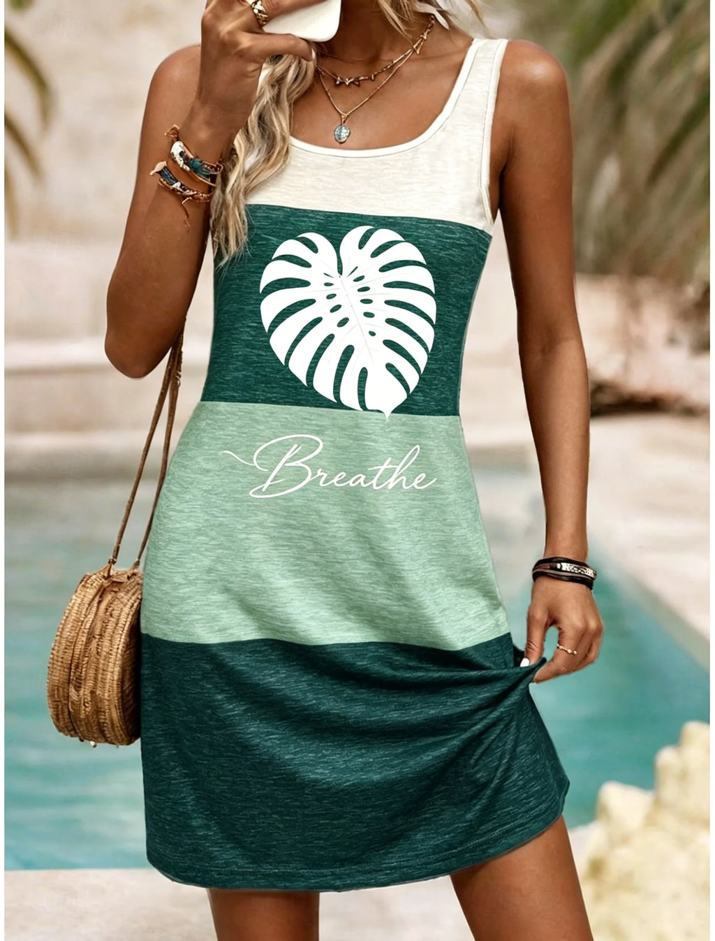 Women's U-Neck Color Block Monstera Breathe Print Sleeveless Casual Tank Dress Beach Vacation Mini Dress for Spring Summer