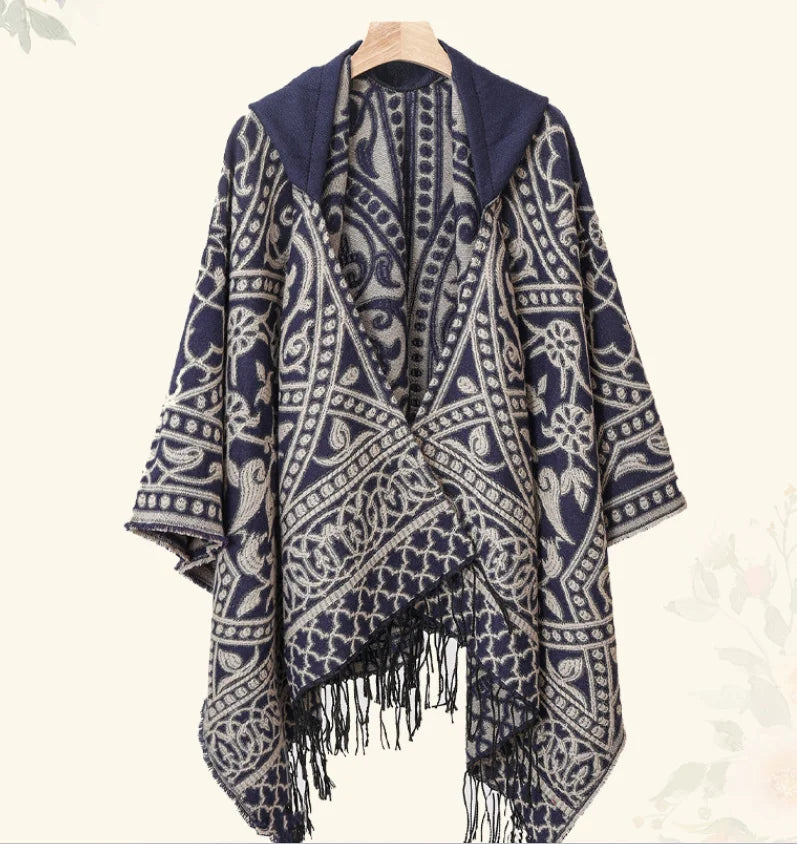 2025 New Men's Imitation Wool Cape Shawl Cross-border Hot Selling Hooded Woven Slit Cape Autumn and Winter Poncho Cloak P8