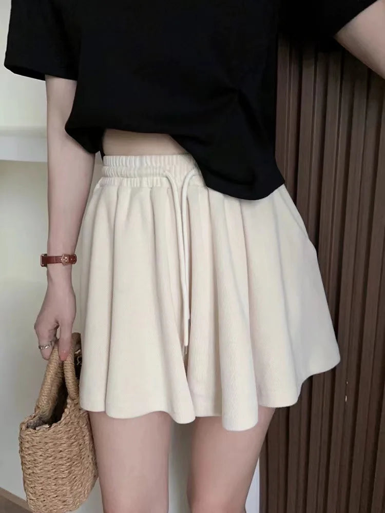 Women High Waist Drawstring Skort Solid A Line Wide Leg Casual Sports Pleated Shorts