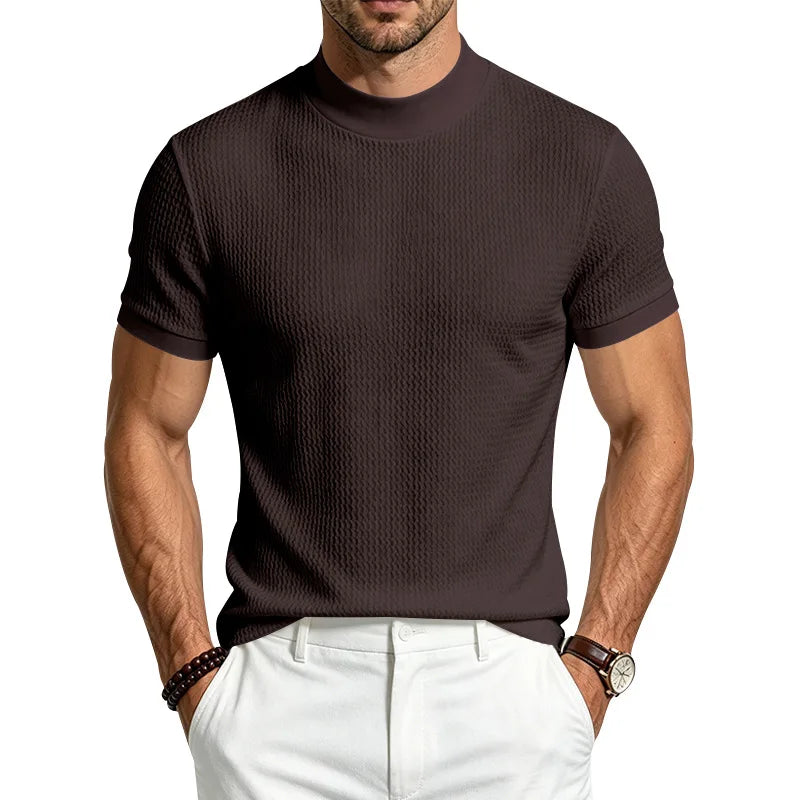 Men Summer Solid Jacquard Textured Mock Neck Short Sleeve T Shirt Slim Fit Simple Versatile Casual Daily Male Basic Tees