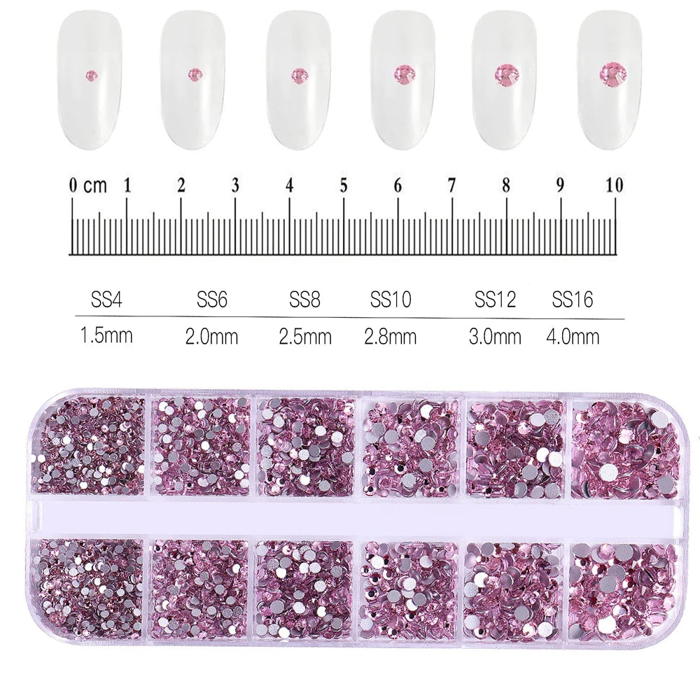 12Grid/1500PCS Shiny Crystal Nail Art Rhinestones SS4-16 Silver 3D Flatback Semicircler Nail Charms Gemstones for DIY Decoration
