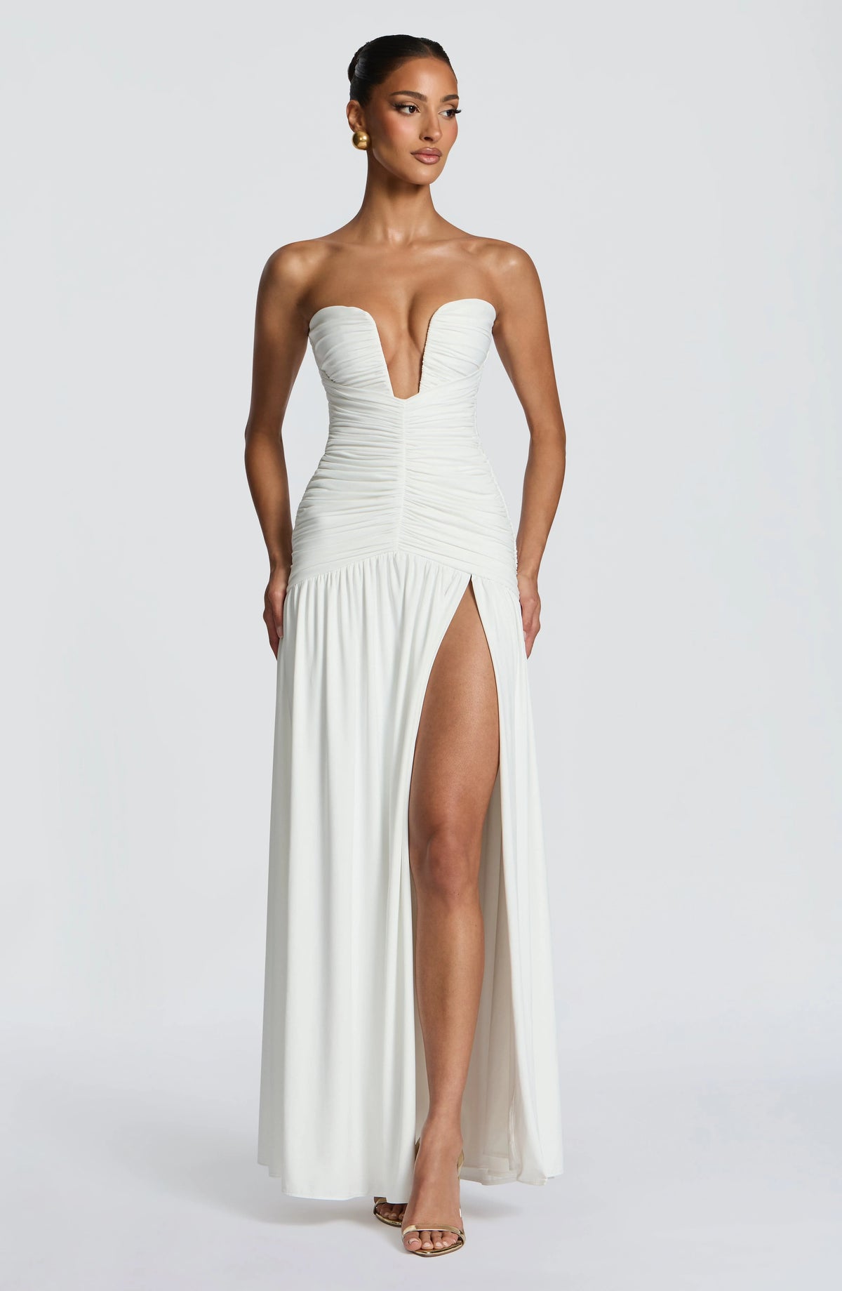 Strapless Deep V Ruched Maxi Dress High Split Formal Evening Gown Women Wedding Guest Party Long Dresses