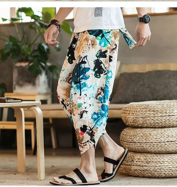 Men's Casual Cotton Linen Seven-Foot Pants Summer plus Size Lantern Loose Fit Shorts Harlan Style Comfortable Breathable Leis...
