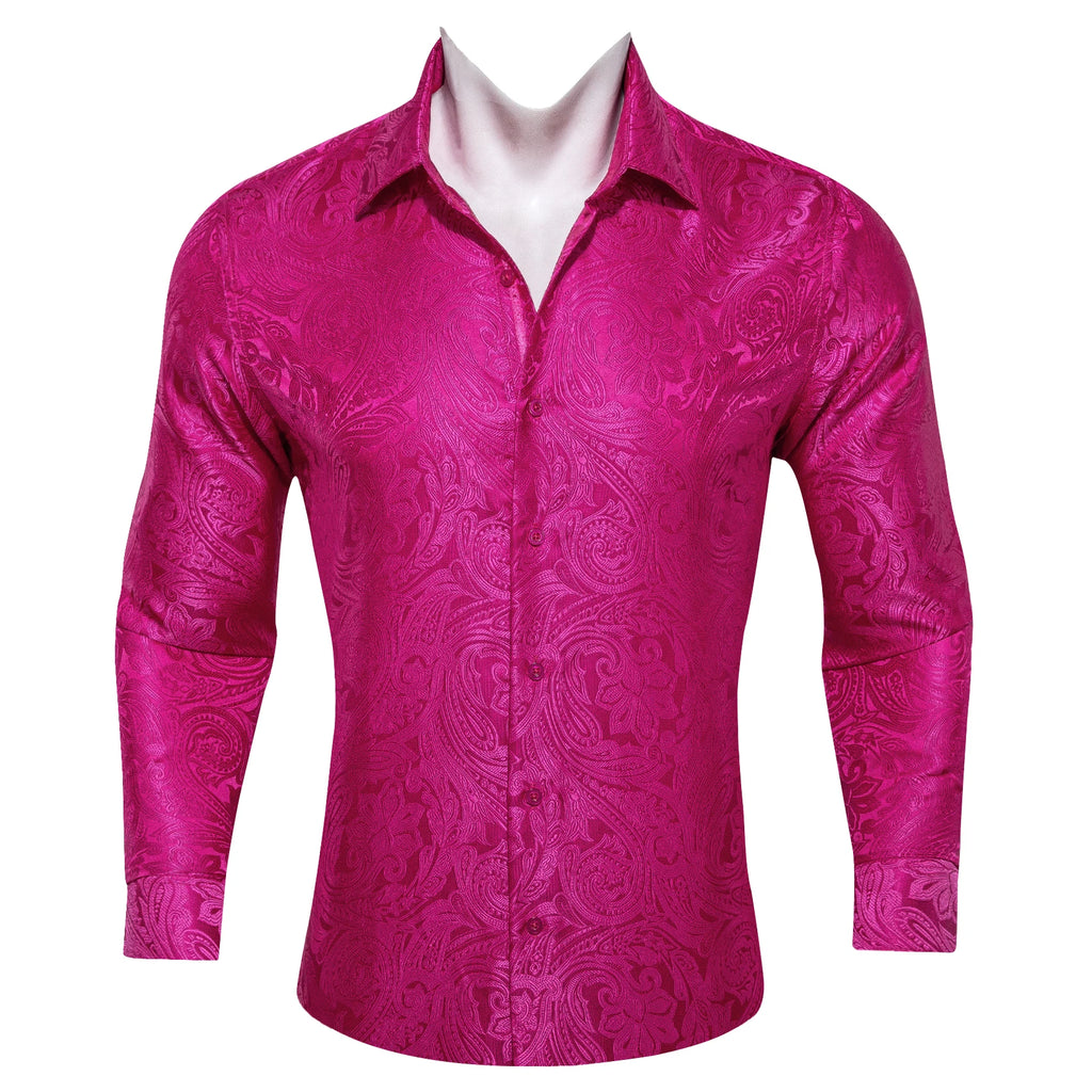 Barry.Wang Luxury Silk Mens Shirts Jacquard Floral Long Sleeve Formal Casual Breathable Male Blouses Wedding Business Prom Gift