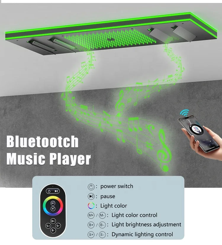Ceiling Embedded LED Music Shower Head 7 Functions In-Wall Mount Brass Thermostatic Shower Faucet Set