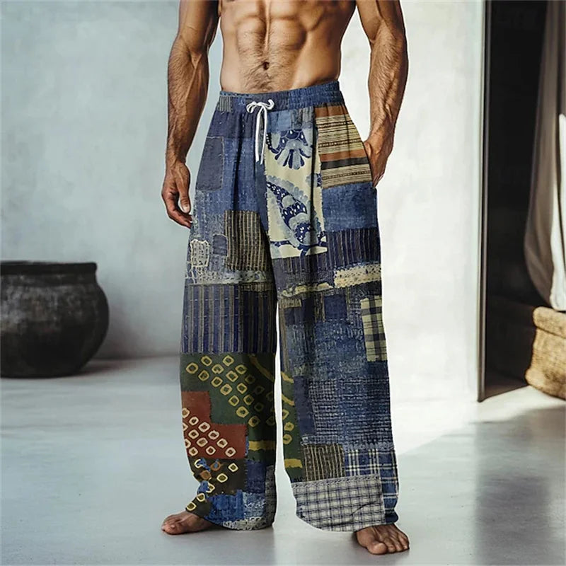 Summer Men's Beach Shorts Relaxed Fit Drawstring Casual Pants 3D Printed Geometric Pattern Breathable Wide-Leg Pants