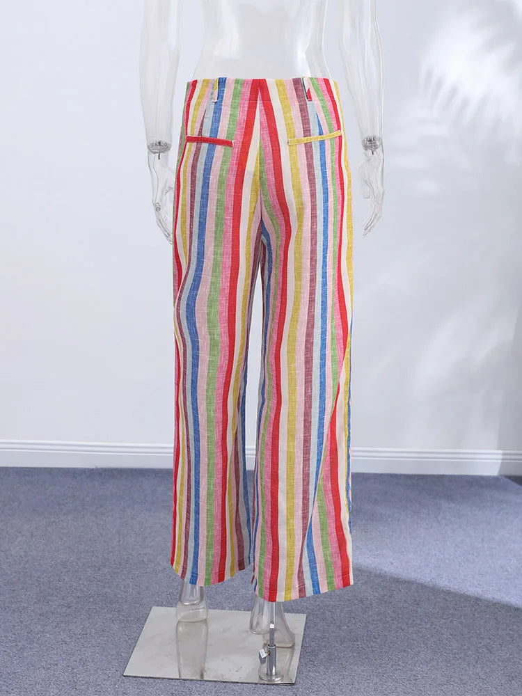 Colorful Striped Wide Leg Trousers Women Bohemian High Waist Multi-color Panelled Slim Straight Pants Fashion Lady Beachwear New