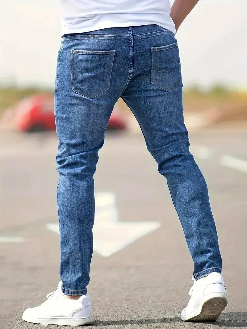 2026 Spring Men's Distressed Skinny Jeans Vintage Wash Elastic Biker Holes Casual Slim Fit Streetwear Denim Pencil Pants Joggers