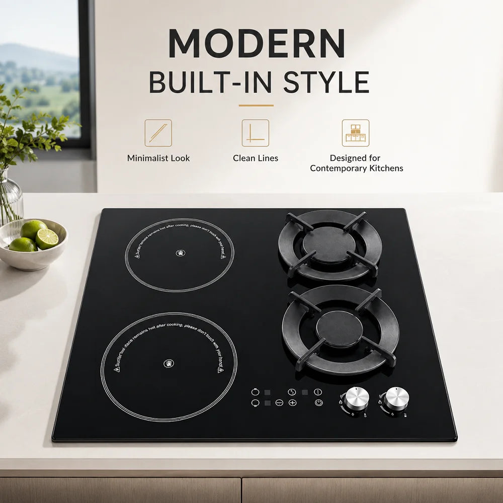 Hybrid Built-in Gas & Electric Cooktop, 2 Gas Burners + 2 Ceramic Glass Zones, Wholesale Cooker