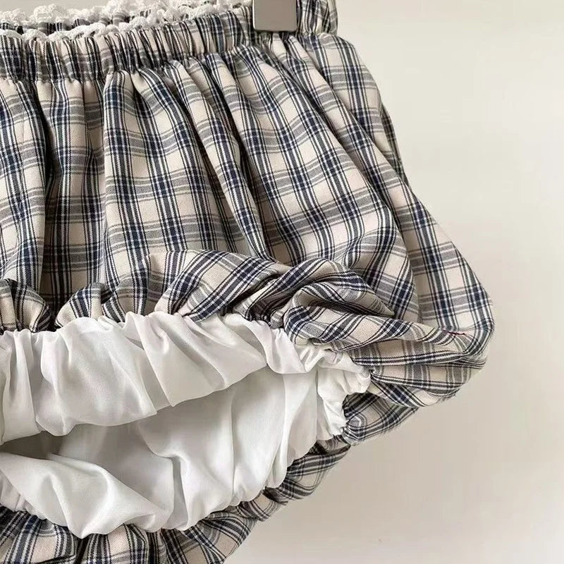 Womens Plaid Bubble Shorts Elastic Waist Bloomer Shorts Casual Short Pants Summer Streetwear