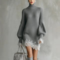 Elegant Lace Splice Loose Party Dress Fashion Turtleneck Hight Waist Knit Dress Fall Winter Casual Long Sleeve Solid Mini Dress