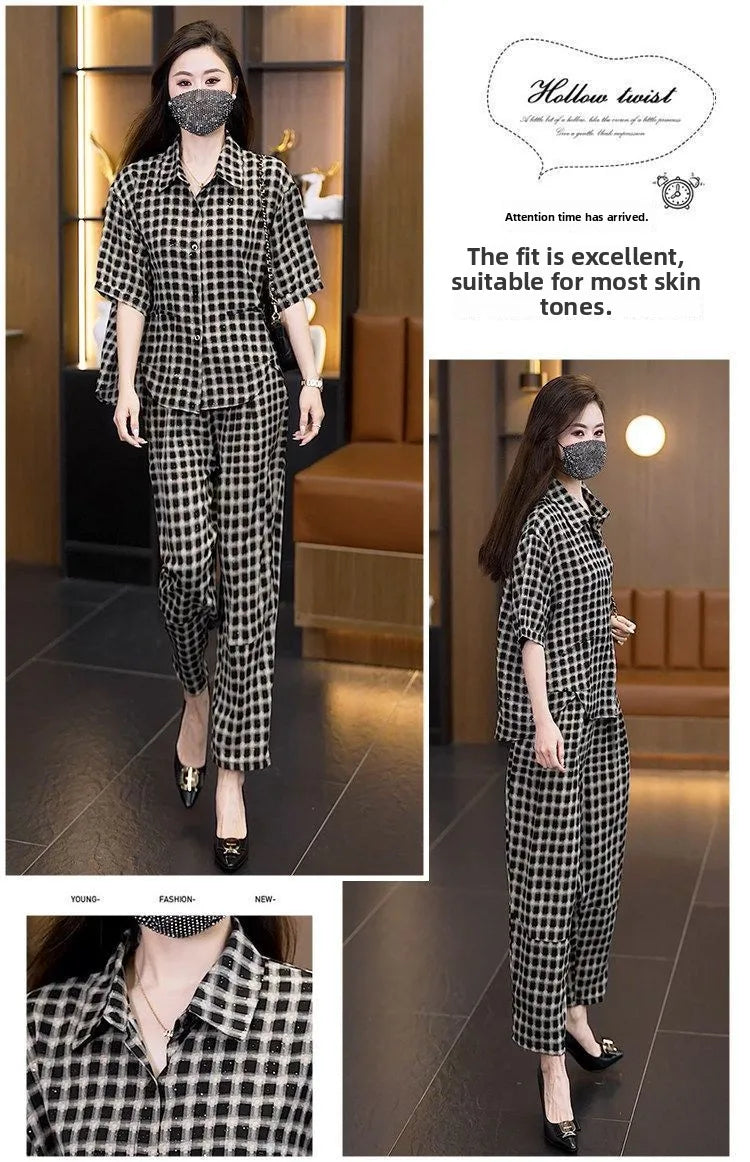 plus Size Casual Plaid Short Sleeve Women's Set Summer New Fashion Loose Shirt Two Piece Set High Waist Long Pants