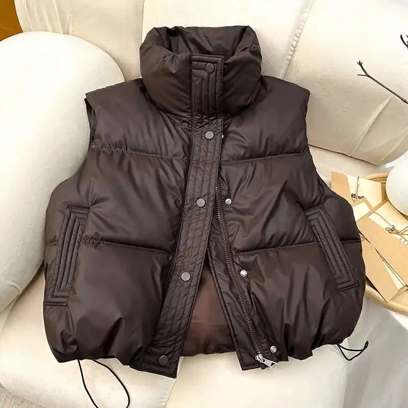 Winter Down Cotton Vest Jacket Women's 2025 New Sleevele Stand Parkas Warm Short Vest Coat Female Waistcoat Overcoat Ladies Tops