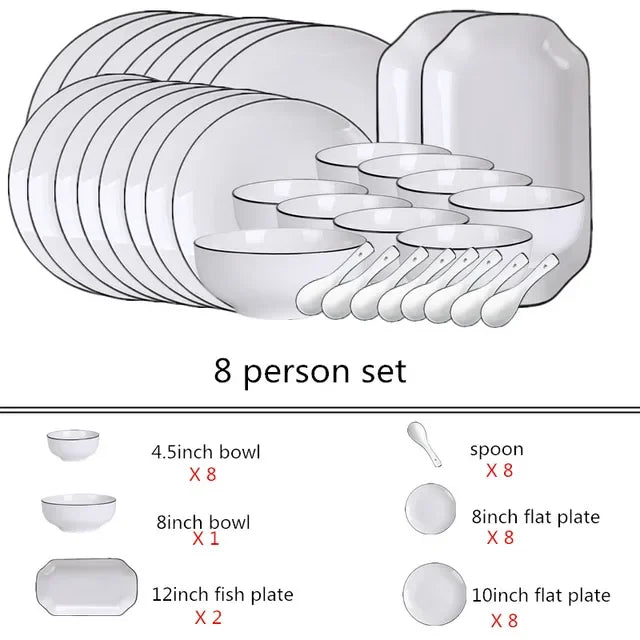White With Black Dinner Plate Set Ceramic Serving Tray Food Dishes Rice Salad Noodles Bowl Soup Kitchen Dinnerware