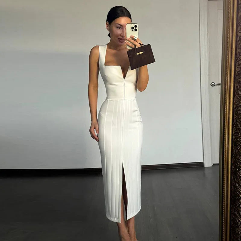 Sexy Party Women's Solid Dress Fashion Zippers Sleeveless Split Empire Female Dresses 2026 Summer New Hip Package Lady Robe