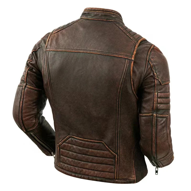 New Motorcycle Causal Vintage Leather Coat Men Autumn Outfit Fashion Biker Pocket Design Top Layer Cow Leather Jacket