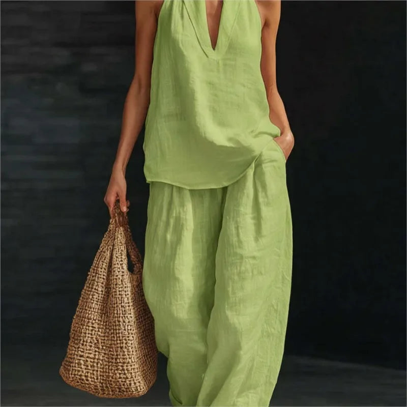 Loose Two-piece Halter Neck V-neck Sleeveless Top Trousers 2026 Summer Women's Fashion Solid Color Casual Womens Matching Sets