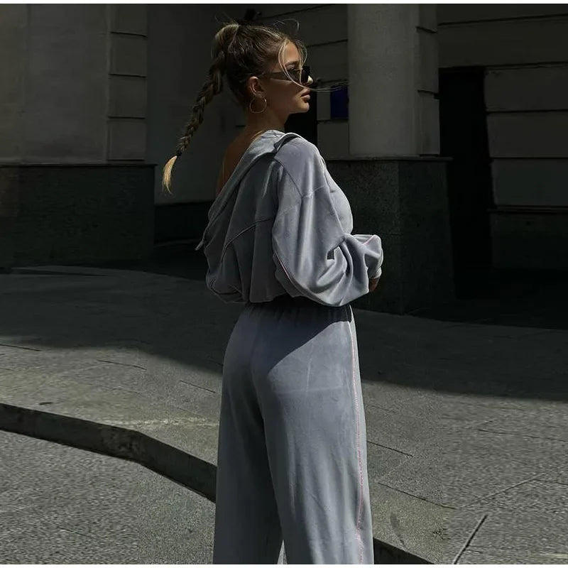 Women's Casual Solid Color Two-piece Short Stand-up Collar Jacket Wide-leg Pants 2026 Street Style Women's Clothing Set