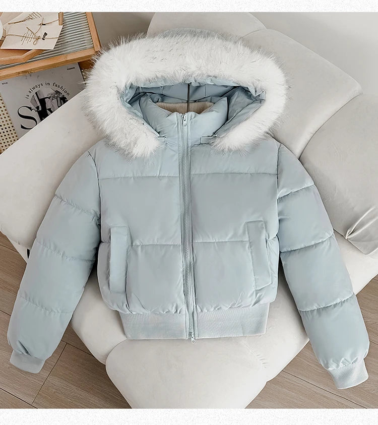 Women's Short Thickened Winter Cotton Jacket Quilted Coat Fur Collar American Retro Style Warm Casual Fashion Regular Fit