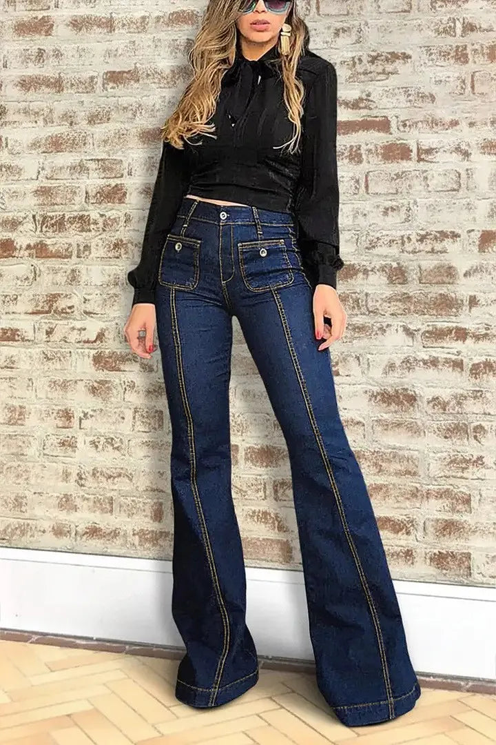 High Waist Flared Jeans Street with Flared Leg Stretchy Patchwork Long Pants Spring Sexy American and European Style Women Jeans