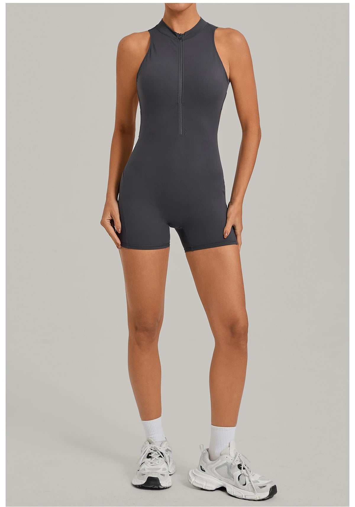 Sexy Hollow Backless Unitard Gym Women Romper Sleeveless Zipper Scrunch Butt Short Jumpsuit for Fitness Sports Short Playsuit