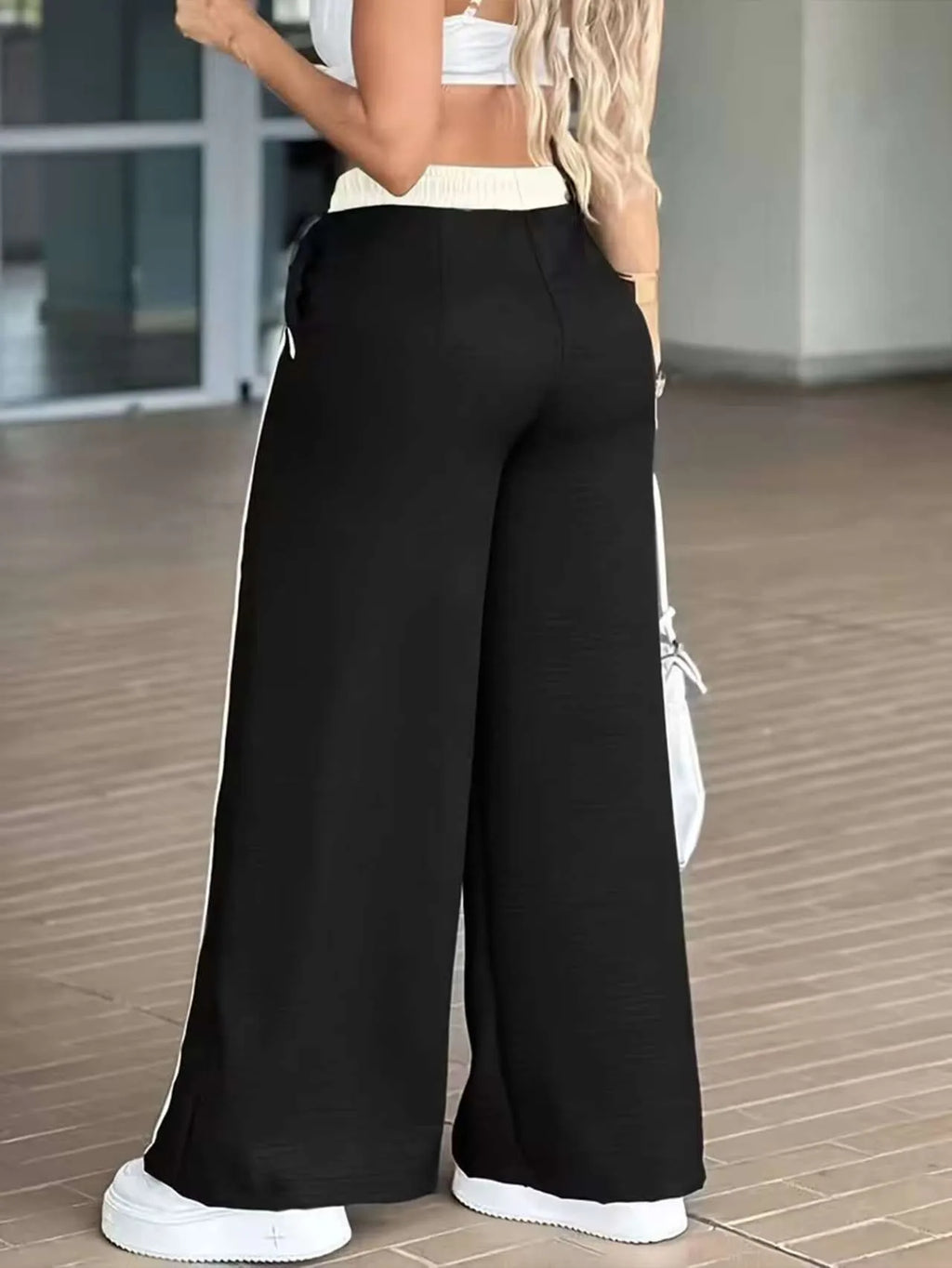 Women Pants High Waist Full Length Trousers Light Beige Wide Leg Pants Black Ruffle Trim Loose Fit Pants Women's Crop Top