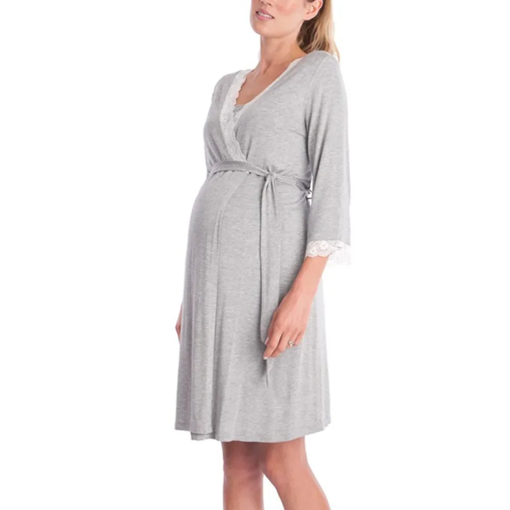 Fashion Lace Three-quarter Sleeve Maternity Nightdress Loose Bathrobe Pregnant Women Nightgown