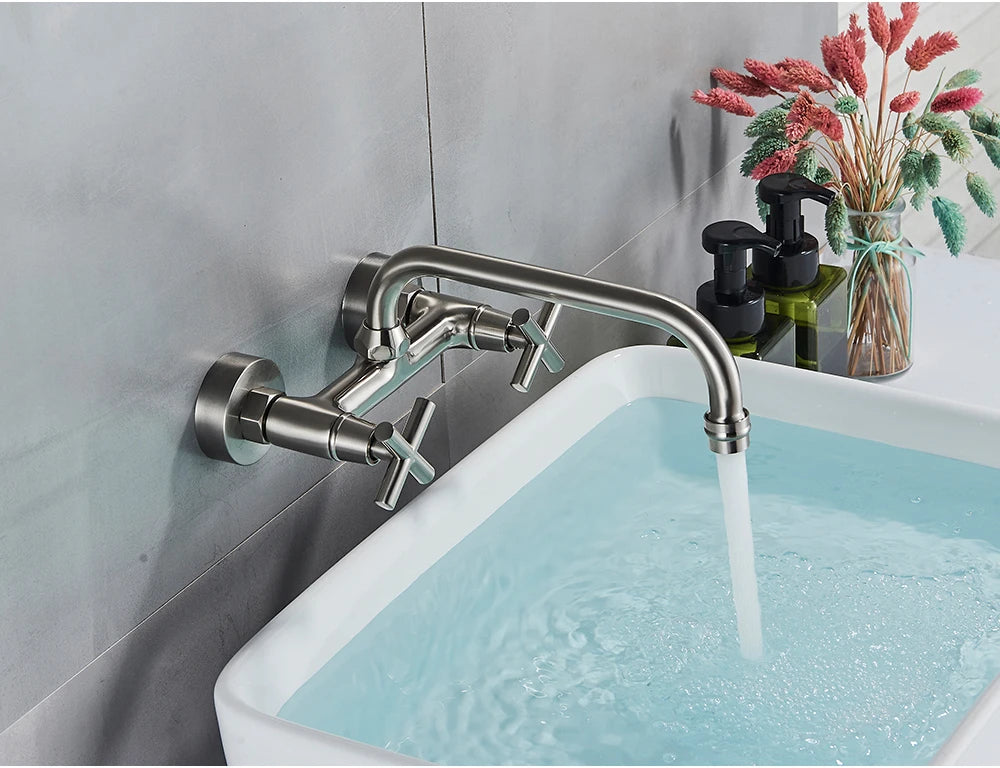 Antique Brass Basin Faucet Wall Mounted Bathroom Mixer Tap Hot Cold Sink Faucet 360 Rotation Spout Chrome Kitchen Mixer Taps