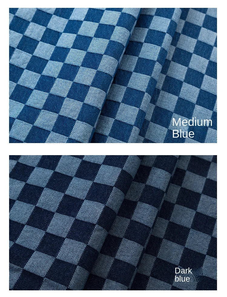 100% Cotton Jacquard Denim Fabric Plaid Jeans By The Meter for Dress Shirt Designer Clothing Sewing Washed Thickened Cloth Blue