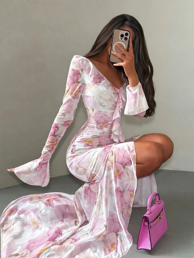 Women Floral Print Short Sleeve Maxi Dress Fashion V-neck Ruffle Trim Belted Slit Hem Dresses Casual Lady Daily Vacation Gowns