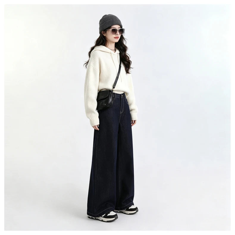 Raw Denim High Waist Wide Leg Draped Jeans Women Vintage Loose Slim Versatile Commute Long Trousers