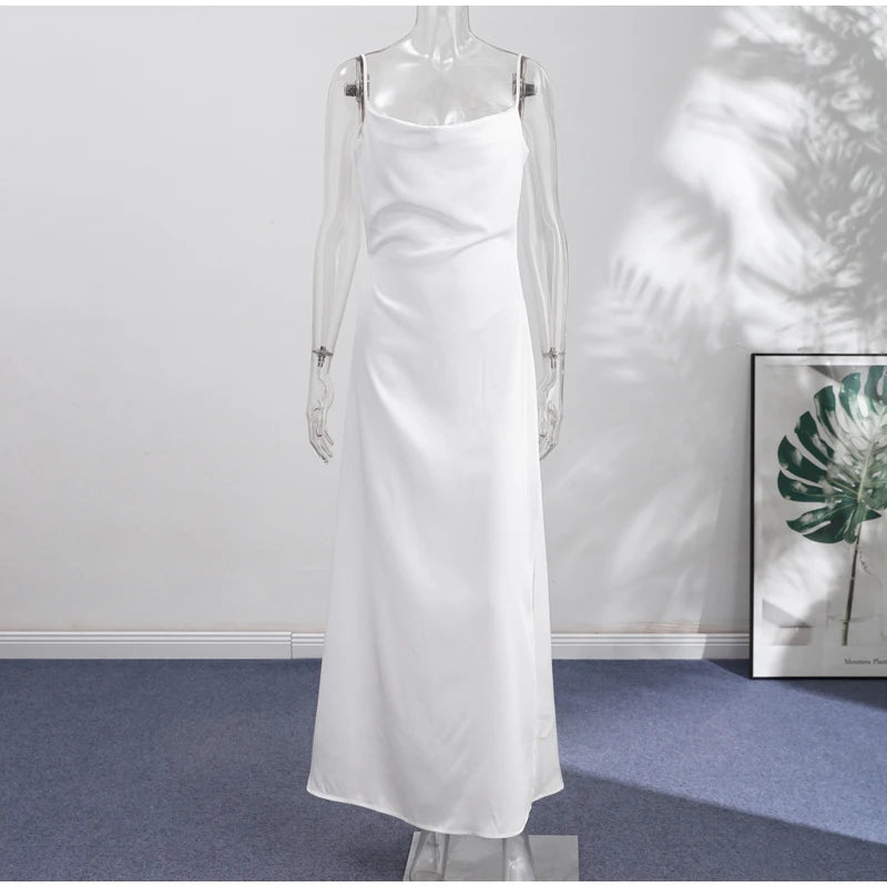 Backless Satin Long Sling Dress Women V Neck Sleeveless Slit Solid Sexy Party Dresses 2026 Summer Lady Vacation Evening Robes